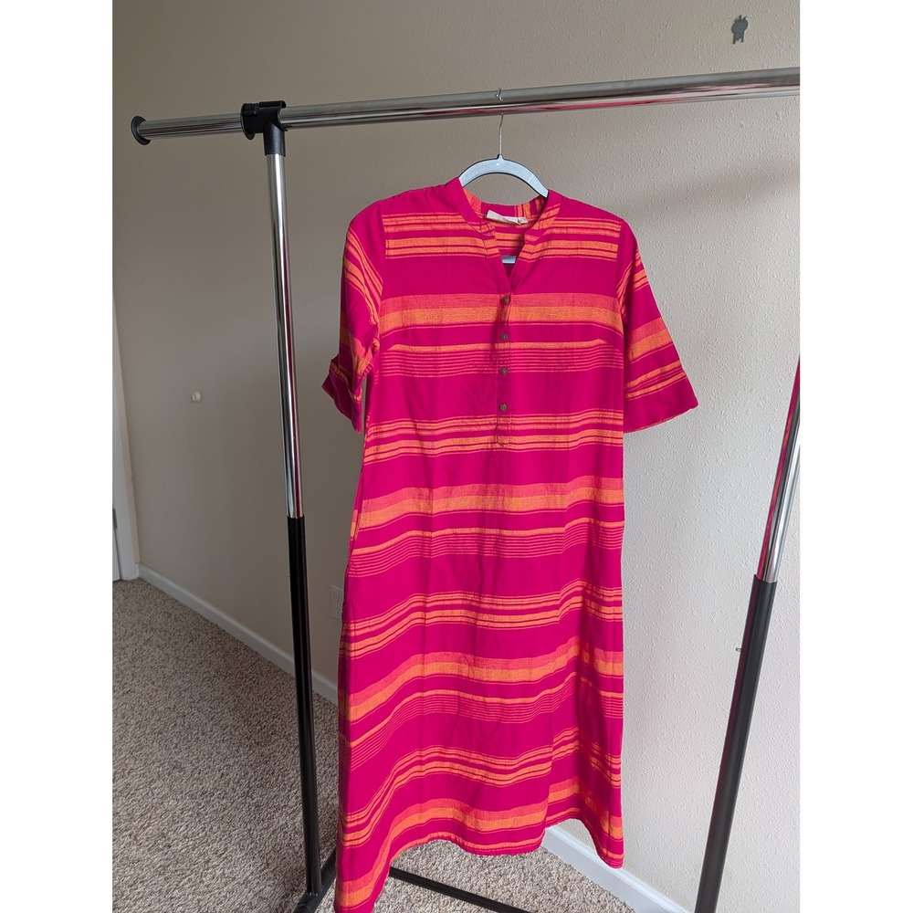 Utas Pink Orange Striped Cotton Midi Dress Mandarin Collar Womens Small